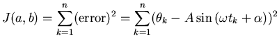$\displaystyle J(a,b) = \sum_{k=1}^{n} (\mbox{error})^2 = \sum_{k=1}^{n}
(\theta_k - A \sin{ ( \omega t_k + \alpha ) })^2$