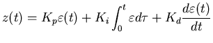 $\displaystyle z(t) = K_p \varepsilon(t) + K_i \int_0^t \varepsilon d\tau
+ K_d \frac{d \varepsilon(t)} {d t}$